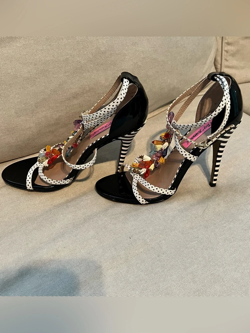 Betsey Johnson Black Patent Polka Dot Strap Jeweled High Heels